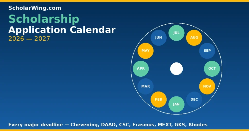 Circular 12-month calendar wheel graphic with scholarship