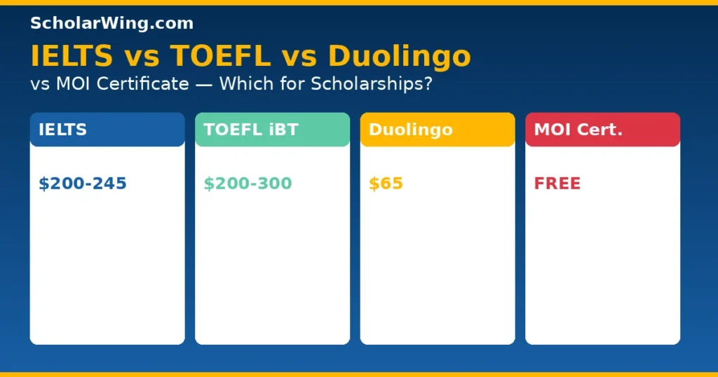IELTS / TOEFL / Duolingo / MOI Certificate — each with cost