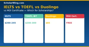 IELTS / TOEFL / Duolingo / MOI Certificate β each with cost
