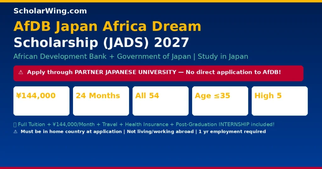 AfDB Japan Africa Dream Scholarship (JADS) 2027 — Study in Japan | Co-Funded: AfDB + Government of Japan | 144,000 JPY/Month + Full Tuition + Travel + Health Insurance + Internship | All 54 African Countries | Age ≤35 | 1 Year Work Experience Required