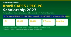 Brazil CAPES/PEC-PG Scholarship 2027 β ~74 Partner Countries | Master's $2,100/Mo + PhD $3,100/Mo + $400 Health Insurance + Full Tuition + Airfare | Pakistan β
Bangladesh β
India β
+ 29 African Countries β
| Portuguese Required