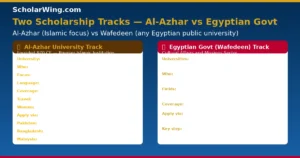 Al-Azhar Scholarship — Founded 970 CE | Two Tracks: Al-Azhar (Islamic) vs Egyptian Govt (Any Public University) | Full Tuition + Dorm + Stipend + Medical + FREE Arabic Course | Pakistan HEC Active | Bangladesh 50 Seats 2026/27