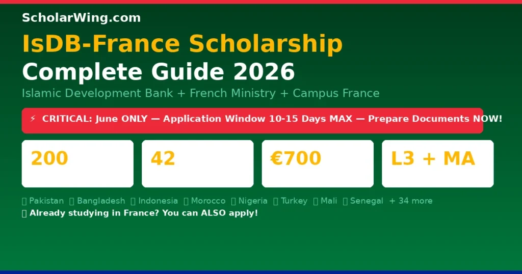 IsDB-France Scholarship 2026 — 200 Awards | 42 Countries | €700/Month | Study in France | Pakistan ✅ Bangladesh ✅ Indonesia ✅ Morocco ✅ Nigeria ✅ | June Window: ONLY 10-15 Days — Prepare NOW