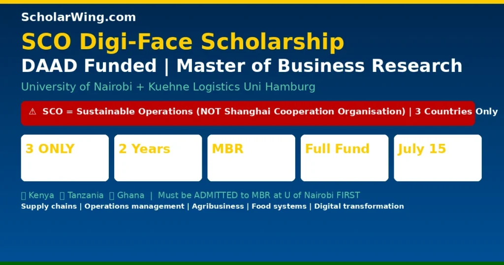 SCO Digi-Face DAAD Scholarship — Master of Business Research | University of Nairobi + Kuehne Logistics University Hamburg | Kenya ✅ Tanzania ✅ Ghana ✅ ONLY | Full Tuition + Research Costs + Monthly Stipend | July 15 Annual Deadline | DAAD Funded