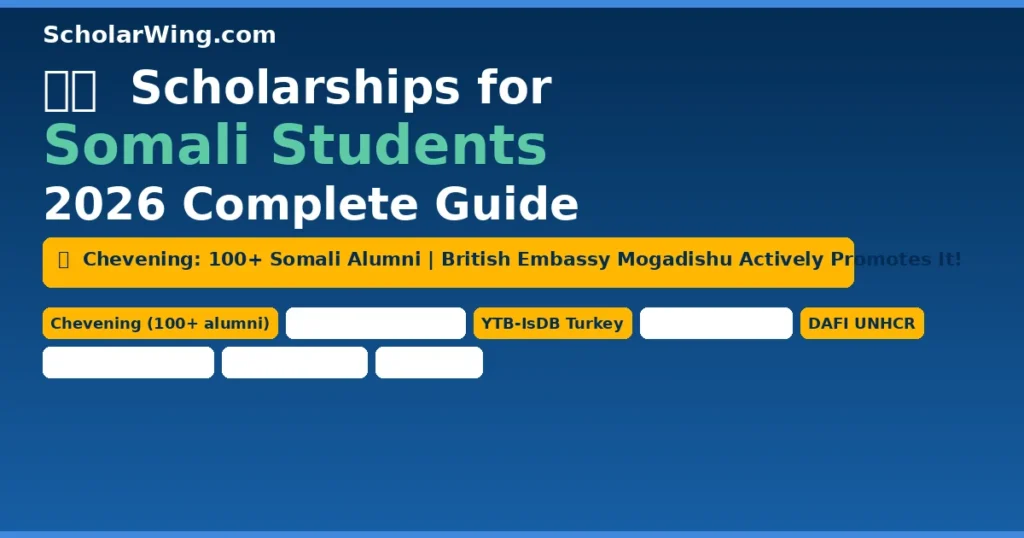 Scholarships for Somali Students 2026 — Chevening (100+ Alumni!), IsDB LDMC Priority, Türkiye YTB-IsDB, DAFI UNHCR, Egyptian Al-Azhar, DAAD, China, Korea & More