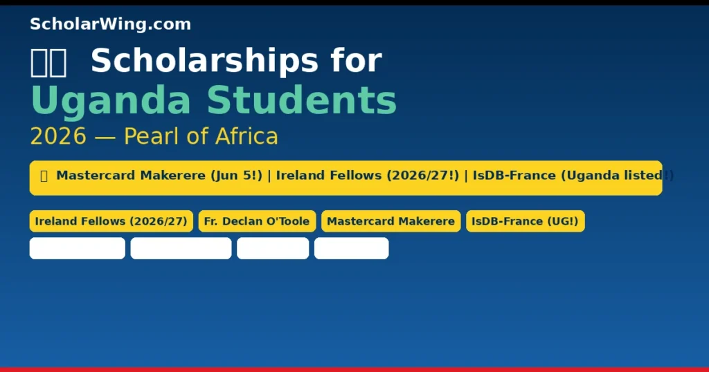 Scholarships for Uganda Students 2026 — Ireland Fellows (2026/27!), Mastercard Makerere (Jun 5!), IsDB-France (Uganda listed!), Chevening, DAAD, China, Korea & More — Pearl of Africa