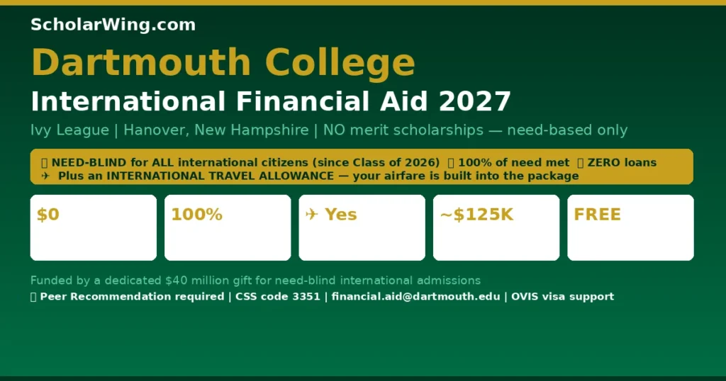 Dartmouth College International Financial Aid 2027 | Hanover, New Hampshire, USA