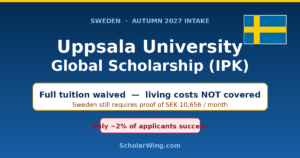 Uppsala University Global Scholarship IPK 2027 — full tuition waived, living costs not covered