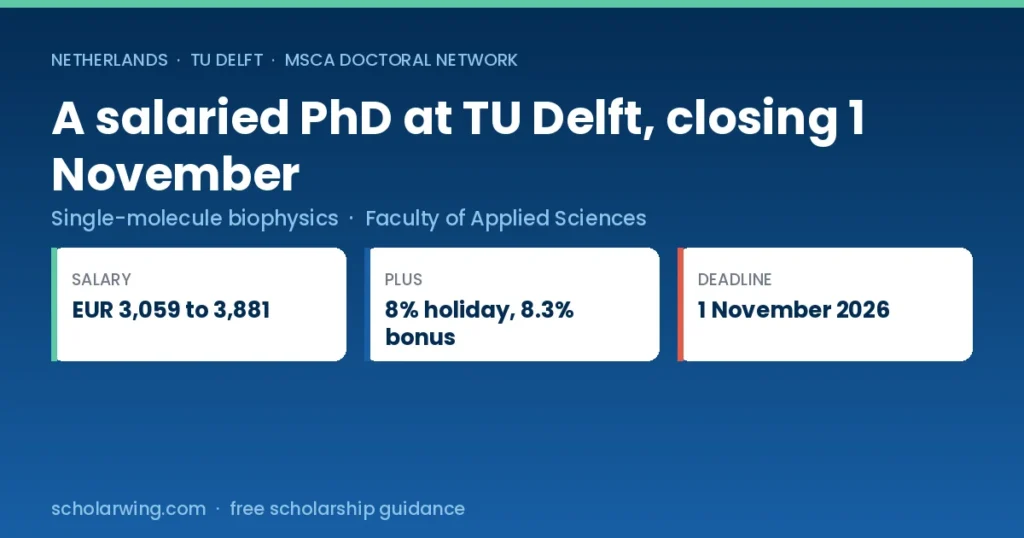 TU Delft salaried PhD position in single-molecule biophysics, deadline 1 November 2026