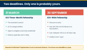 Panel separating the standard fellowship from the ICO-WGA glaucoma route and its region limit