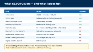 What the Invest Your Talent in Italy scholarship covers — €9,000, tuition waiver, unpaid internship