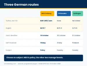 Comparison of MEG, TU Dresden and Göttingen on fees and English