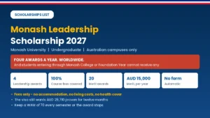 Monash International Leadership Scholarship 2027 showing four awards, full tuition and exclusions
