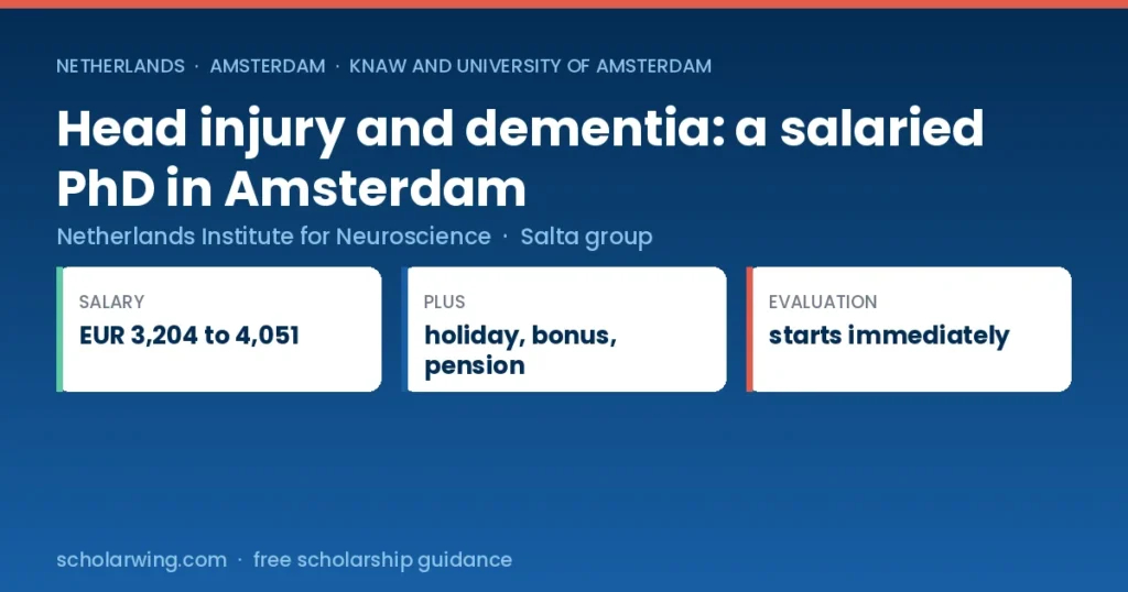 Netherlands Institute for Neuroscience funded PhD on traumatic brain injury and dementia in Amsterdam