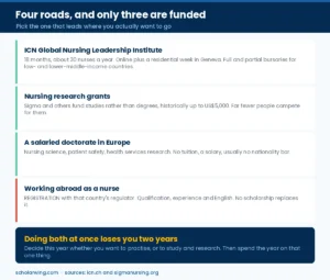 The three funded routes open to nurses, and the registration route that no scholarship covers