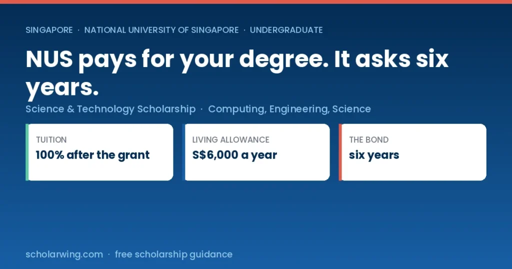 NUS Science and Technology Undergraduate Scholarship covering tuition and a living allowance in Singapore