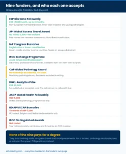 Table of nine pathology and laboratory medicine funders with amounts and who each one accepts