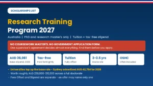 RTP scholarship 2027 overview showing stipend, tuition offset and duration for Australian PhDs