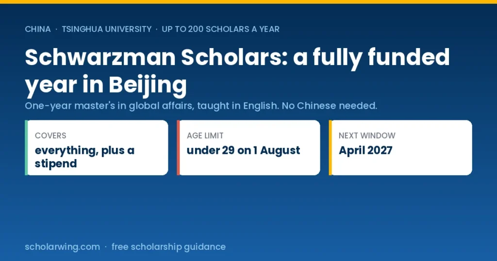Schwarzman Scholars fully funded one-year master's at Tsinghua University, next application window April 2027