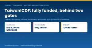 TaiwanICDF Higher Education Scholarship covering tuition, housing, airfare and a monthly allowance in Taiwan