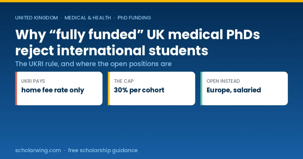 Fully funded UK medical PhD studentships pay home fees only, which excludes most international applicants