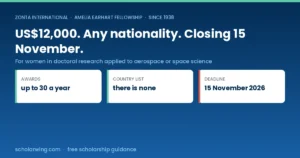 The Amelia Earhart Fellowship gives women in aerospace doctoral research US$12,000, closing 15 November 2026